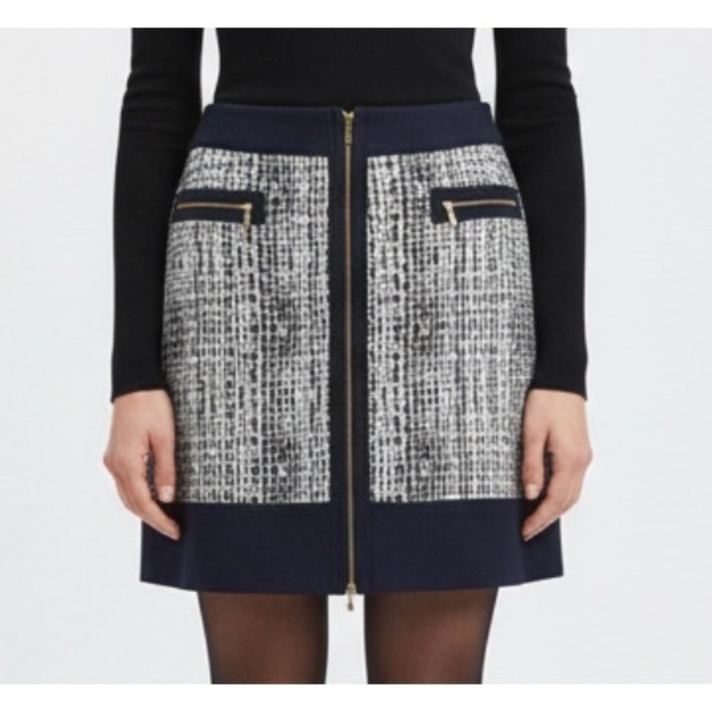 New JONES NEW YORK Navy Blue & White Print PENCIL "SUITS" SKIRT Gold Zippers 10